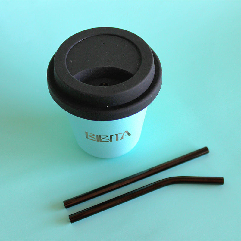 BIBITA | Medium Double Wall Stainless Steel Reusable Cup | Aqua Blue | Straw Lid (Black) & Black Straws