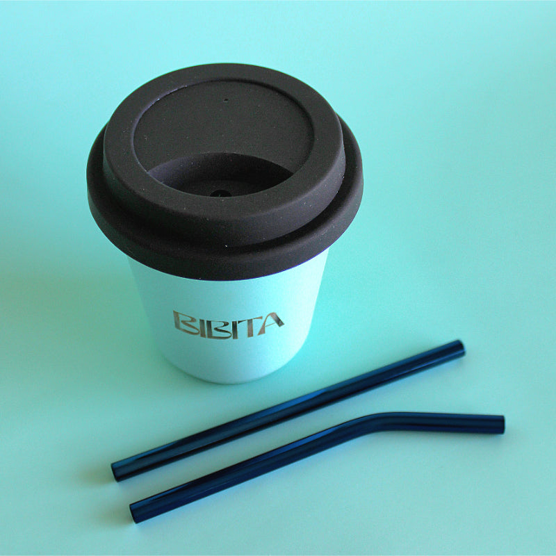 BIBITA | Medium Double Wall Stainless Steel Reusable Cup | Aqua Blue | Straw Lid (Black) & Blue Straws