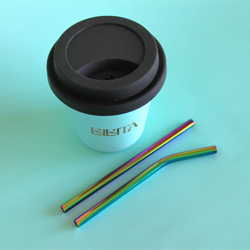 BIBITA | Medium Double Wall Stainless Steel Reusable Cup | Aqua Blue | Straw Lid (Black) & Rainbow Straws