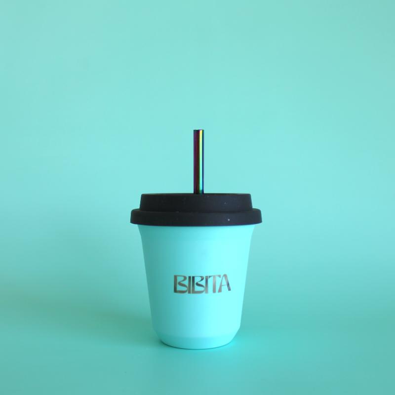 BIBITA | Medium Double Wall Stainless Steel Reusable Cup | Aqua Blue | Straw Lid & Straws