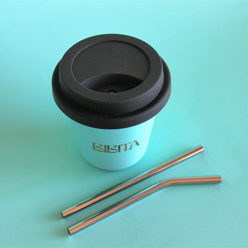 BIBITA | Medium Double Wall Stainless Steel Reusable Cup | Aqua Blue | Straw Lid (Black) & Silver Straws