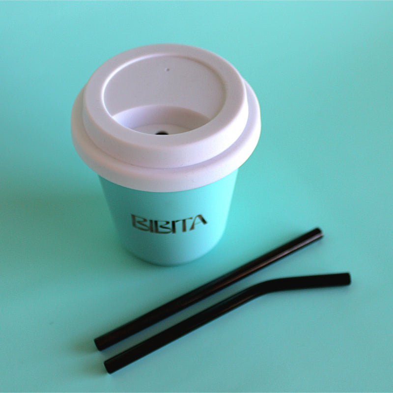 BIBITA | Medium Double Wall Stainless Steel Reusable Cup | Aqua Blue | Straw Lid (White) & Black Straws