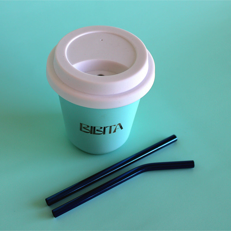 BIBITA | Medium Double Wall Stainless Steel Reusable Cup | Aqua Blue | Straw Lid (White) & Blue Straws