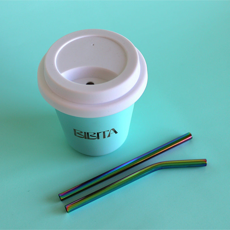 BIBITA | Medium Double Wall Stainless Steel Reusable Cup | Aqua Blue | Straw Lid (White) & Rainbow Straws