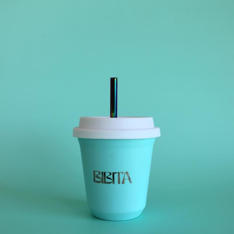 BIBITA | Medium Double Wall Stainless Steel Reusable Cup | Aqua Blue | Straw Lid (White) & Straws