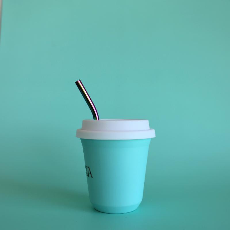 BIBITA | Medium Double Wall Stainless Steel Reusable Cup | Aqua Blue | Straw Lid (White) & Straws