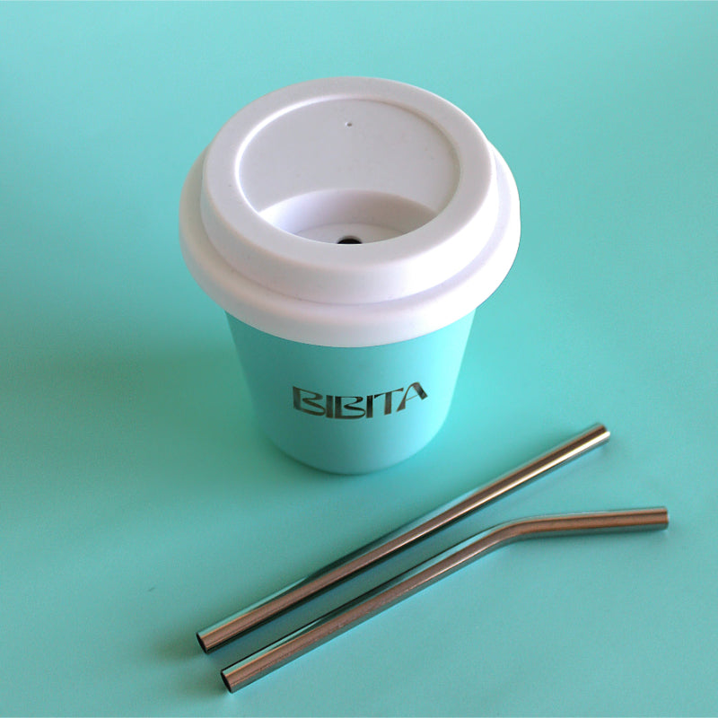 BIBITA | Medium Double Wall Stainless Steel Reusable Cup | Aqua Blue | Straw Lid (White) & Silver Straws