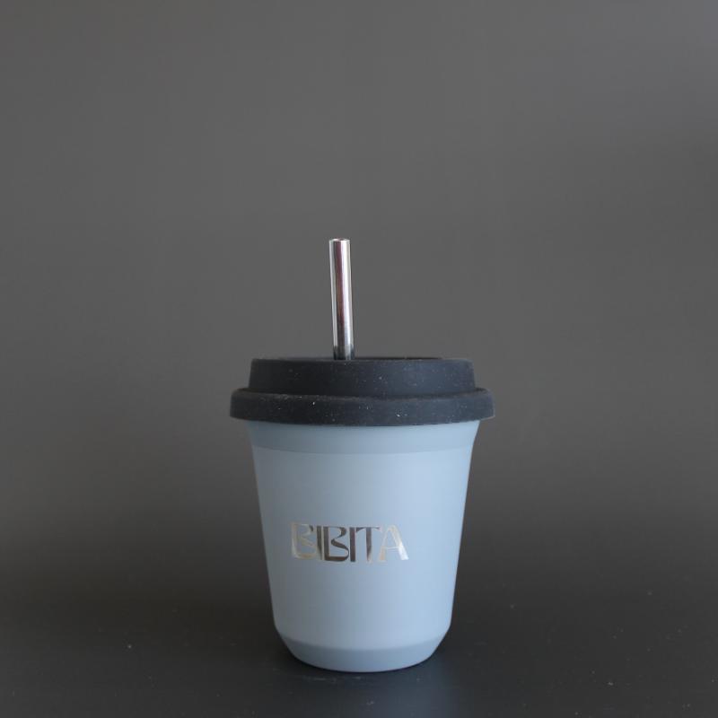 BIBITA | Medium Double Wall Reusable Stainless Steel Cup | Cloud Grey | Straw Lid (Black) & Straws