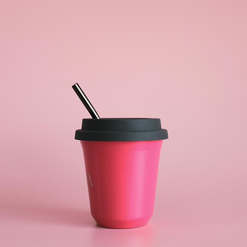 BIBITA | Medium Double Wall Stainless Steel Reusable Cup | Watermelon Pink | Straw Lid (Black) & Straws