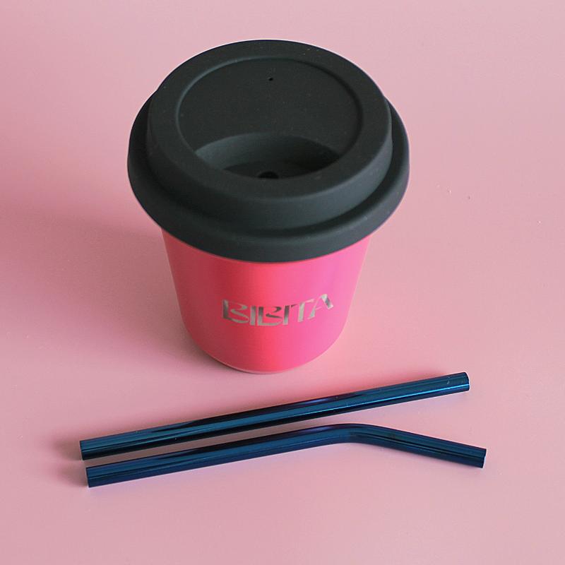 BIBITA | Medium Double Wall Stainless Steel Reusable Cup | Watermelon Pink | Straw Lid (Black) & Blue Straws