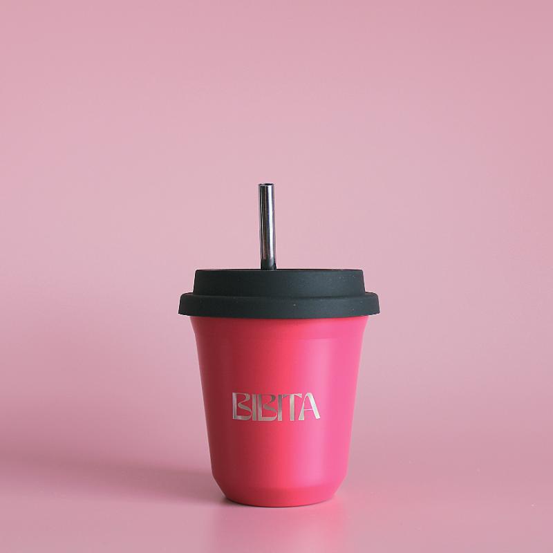 BIBITA | Medium Double Wall Stainless Steel Reusable Cup | Watermelon Pink | Straw Lid (Black) & Straws