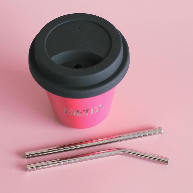 BIBITA | Medium Double Wall Stainless Steel Reusable Cup | Watermelon Pink | Straw Lid (Black) & Silver Straws