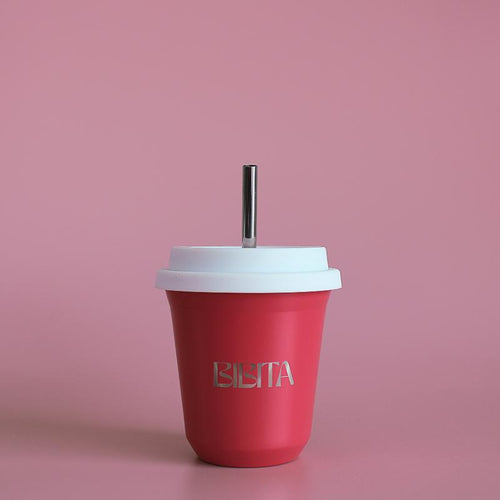 BIBITA | Medium Double Wall Stainless Steel Reusable Cup | Watermelon Pink | Straw Lid (White) & Straws