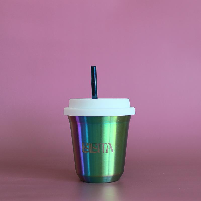 BIBITA | Medium Double Wall Stainless Steel Reusable Cup | Rainbow | Straw Lid (White) & Straws