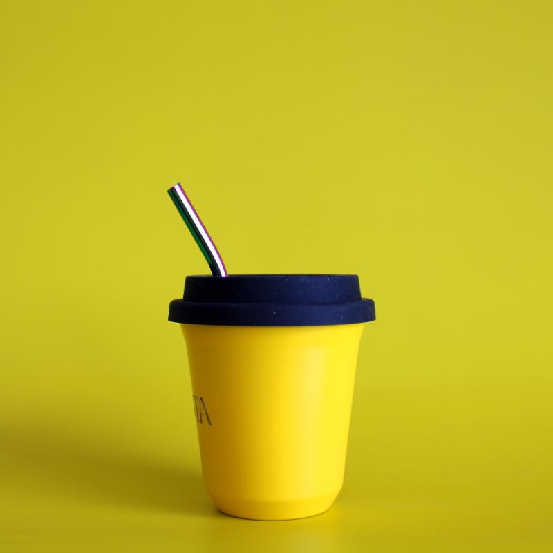 BIBITA | Medium Double Wall Stainless Steel Reusable Cup | Sunshine Yellow | Straw Lid (Black) & Straws