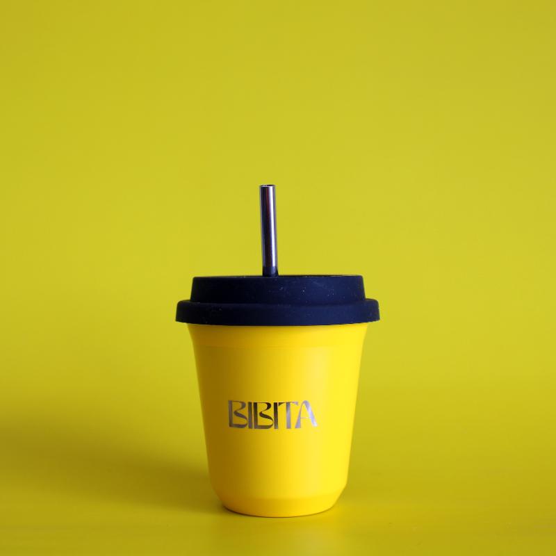 BIBITA | Medium Double Wall Stainless Steel Reusable Cup | Sunshine Yellow | Straw Lid (Black) & Straws