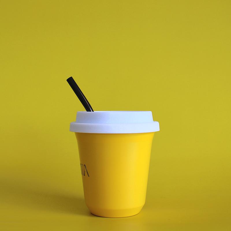 BIBITA | Medium Double Wall Stainless Steel Reusable Cup | Sunshine Yellow | Straw Lid (Black) & Straws