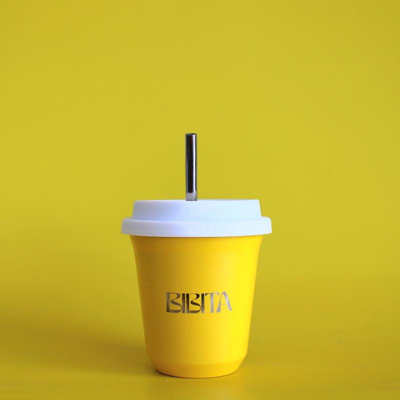 BIBITA | Medium Double Wall Stainless Steel Reusable Cup | Sunshine Yellow | Straw Lid (White) & Straws