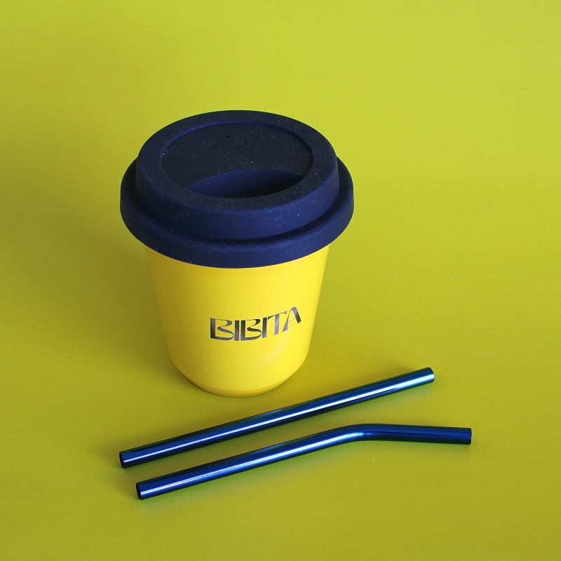 BIBITA | Medium Double Wall Stainless Steel Reusable Cup | Sunshine Yellow | Straw Lid (Black) & Blue Straws