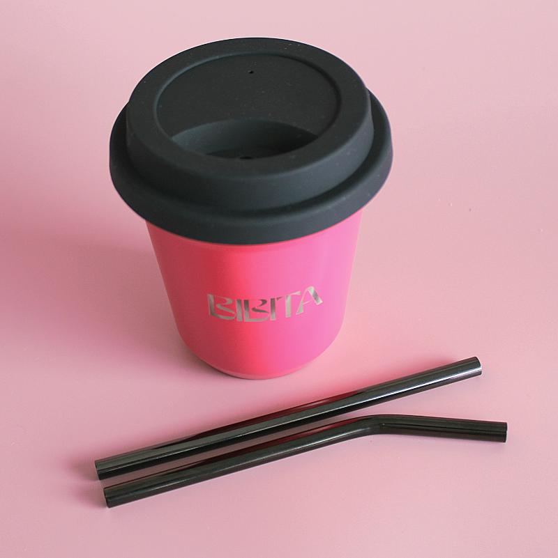 BIBITA | Medium Double Wall Stainless Steel Reusable Cup | Watermelon Pink | Straw Lid (Black) & Black Straws