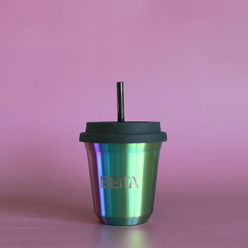 BIBITA | Medium Double Wall Stainless Steel Reusable Cup | Rainbow | Straw Lid (Black) & Straws