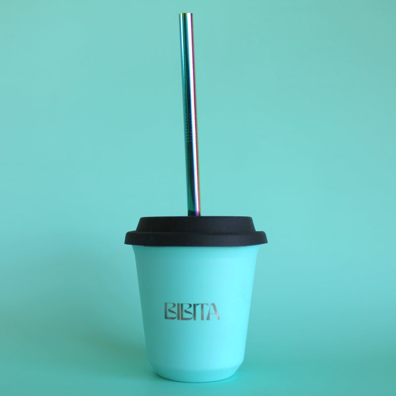 BIBITA | Large Double Wall Stainless Steel Reusable Cup | Aqua Blue | Straw Lid (Black) & Straws