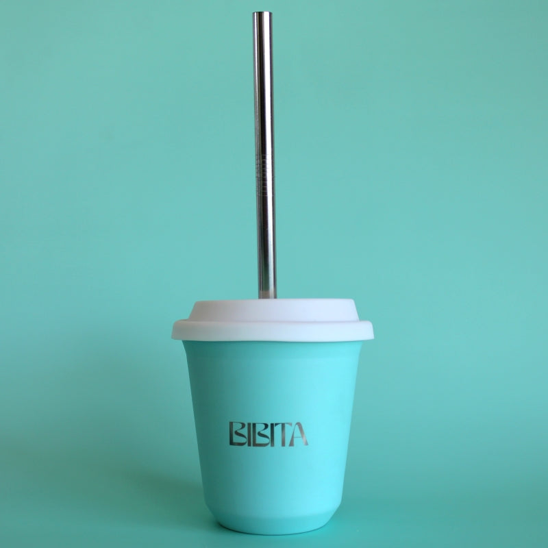 BIBITA | Large Double Wall Stainless Steel Reusable Cup | Aqua Blue | Straw Lid (White) & Straws