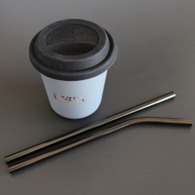 Large Double Walled Stainless Steel Reusable Cup (240ml) | Cloud | Straw Lid (Black) & Black Straws