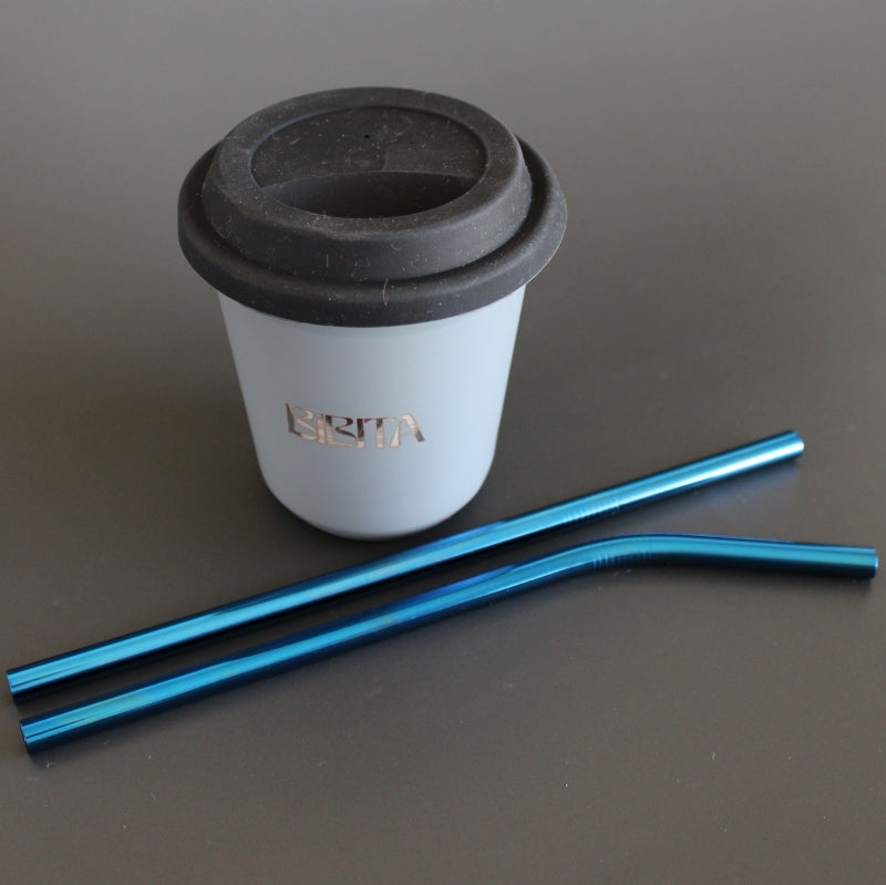 Large Double Walled Stainless Steel Reusable Cup (240ml) | Cloud | Straw Lid (Black) & Blue Straws