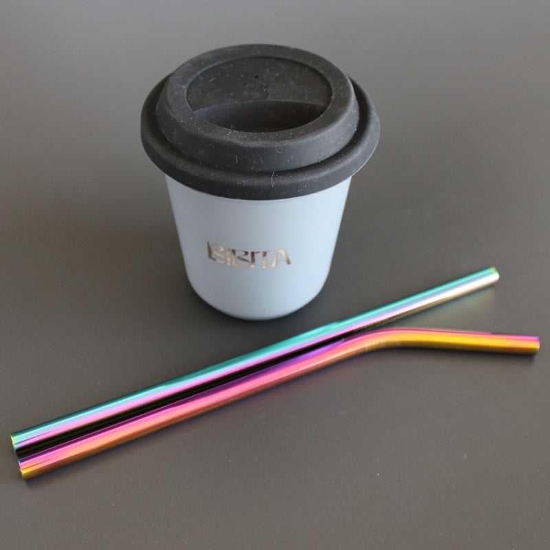 Large Double Walled Stainless Steel Reusable Cup (240ml) | Cloud | Straw Lid (Black) & Rainbow Straws