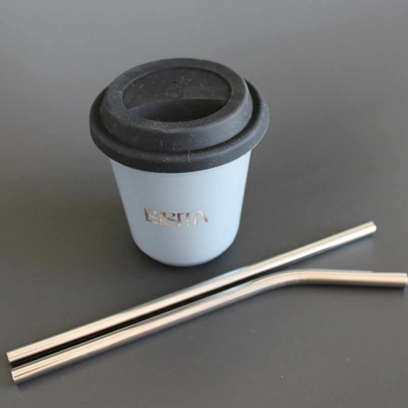 Large Double Walled Stainless Steel Reusable Cup (240ml) | Cloud | Straw Lid (Black) & Silver Straws