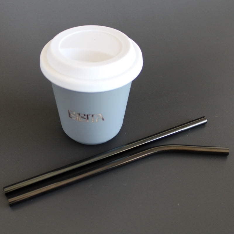 Large Double Walled Stainless Steel Reusable Cup (240ml) | Cloud | Straw Lid (White) & Black Straws