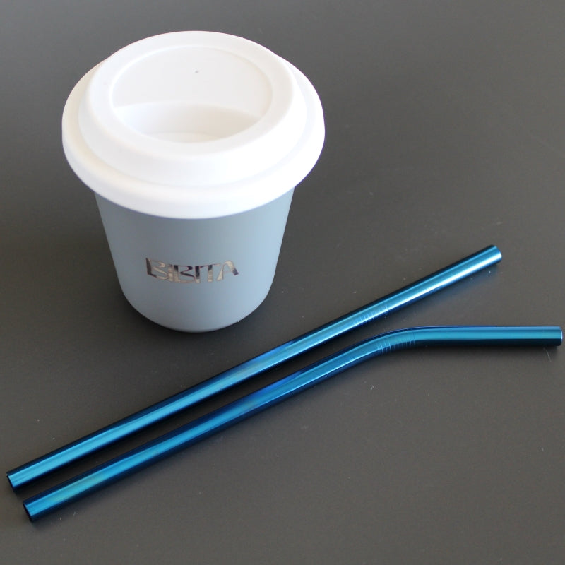 Large Double Walled Stainless Steel Reusable Cup (240ml) | Cloud | Straw Lid (White) & Blue Straws