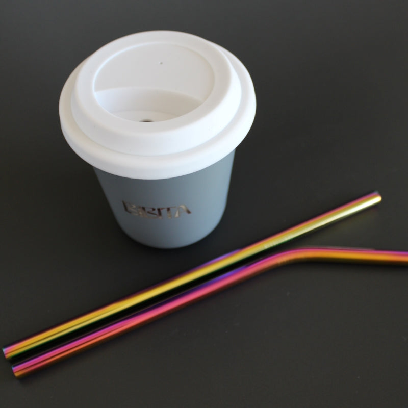 Large Double Walled Stainless Steel Reusable Cup (240ml) | Cloud | Straw Lid (White) & Rainbow Straws