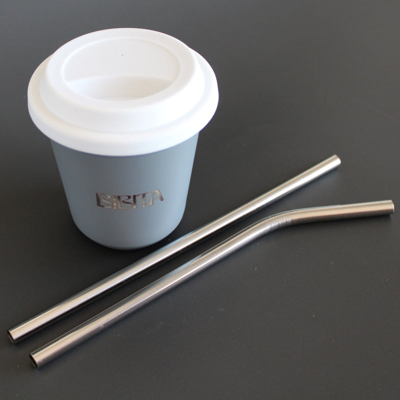 Large Double Walled Stainless Steel Reusable Cup (240ml) | Cloud | Straw Lid (White) & Silver Straws