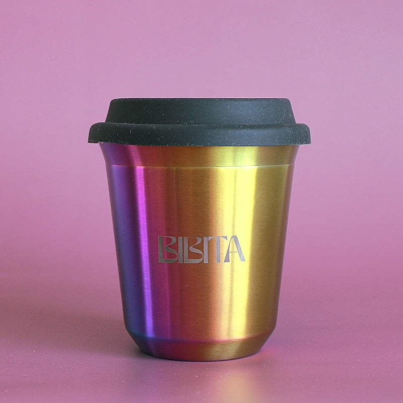 BIBITA | Large Double Wall Stainless Steel Reusable Cup with Standard Lid (Black) | Rainbow