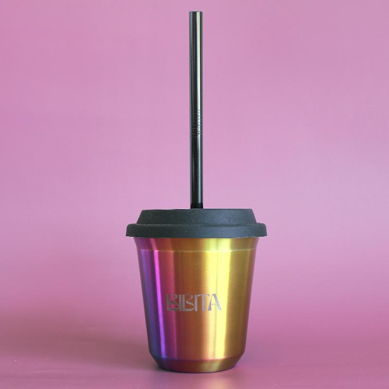 BIBITA | Large Double Wall Stainless Steel Reusable Cup with Straw Lid (Black) & Straws | Rainbow