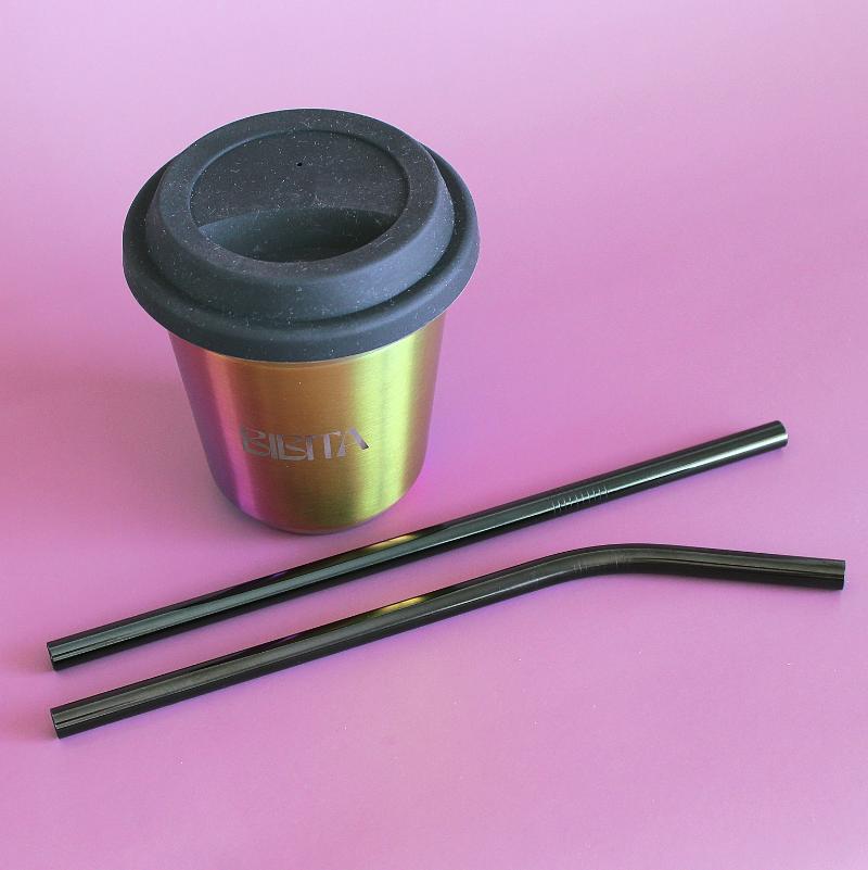 BIBITA | Large Double Wall Stainless Steel Reusable Cup with Straw Lid (Black) & Black Straws | Rainbow