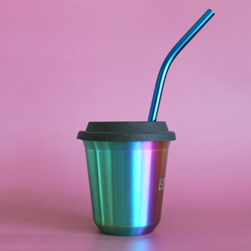 BIBITA | Large Double Wall Stainless Steel Reusable Cup with Straw Lid (Black) & Straws | Rainbow