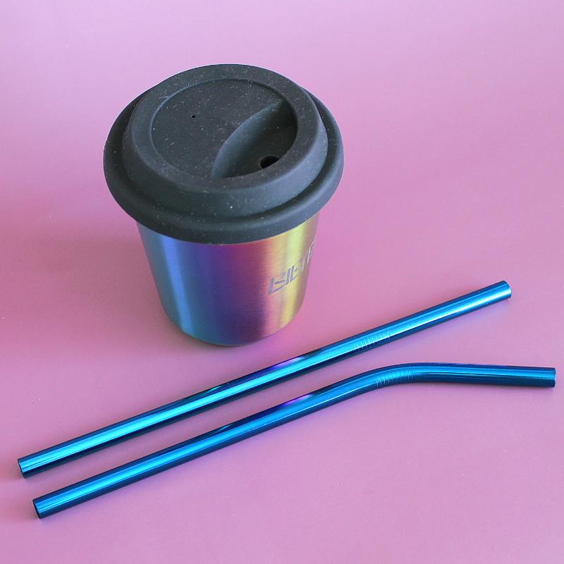 BIBITA | Large Double Wall Stainless Steel Reusable Cup with Straw Lid (Black) & Blue Straws | Rainbow