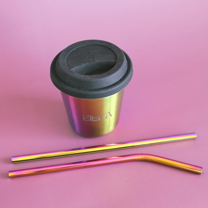 BIBITA | Large Double Wall Stainless Steel Reusable Cup with Straw Lid (Black) & Rainbow Straws | Rainbow