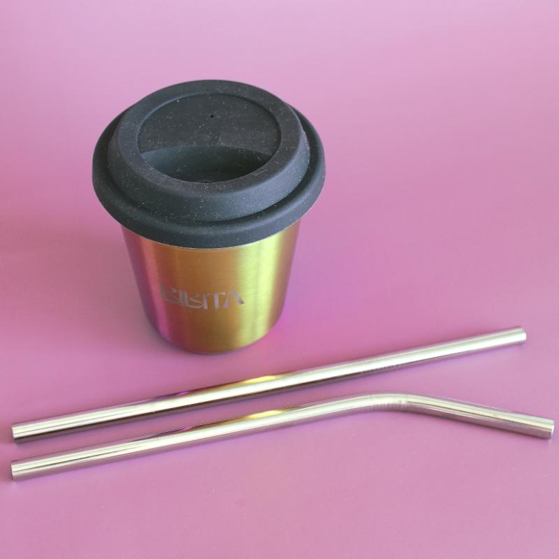 BIBITA | Large Double Wall Stainless Steel Reusable Cup with Straw Lid (Black) & Silver Straws | Rainbow