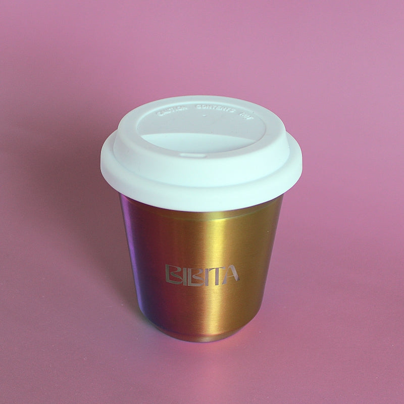 BIBITA | Large Double Wall Stainless Steel Reusable Cup with Standard Lid (White) | Rainbow