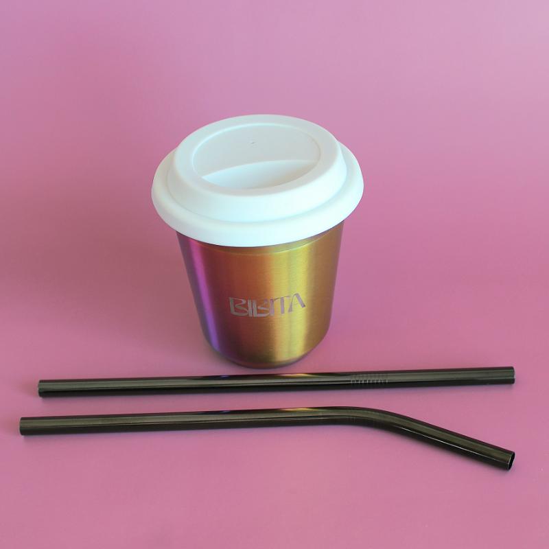 BIBITA | Large Double Wall Stainless Steel Reusable Cup with Straw Lid (White) & Black Straws | Rainbow