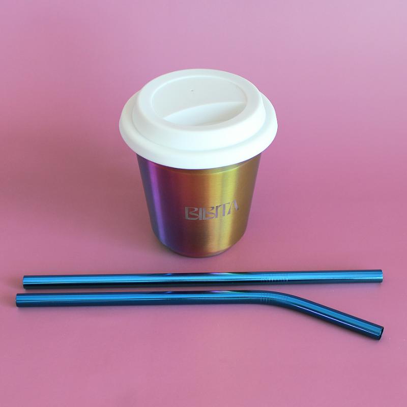 BIBITA | Large Double Wall Stainless Steel Reusable Cup with Straw Lid (White) & Blue Straws | Rainbow