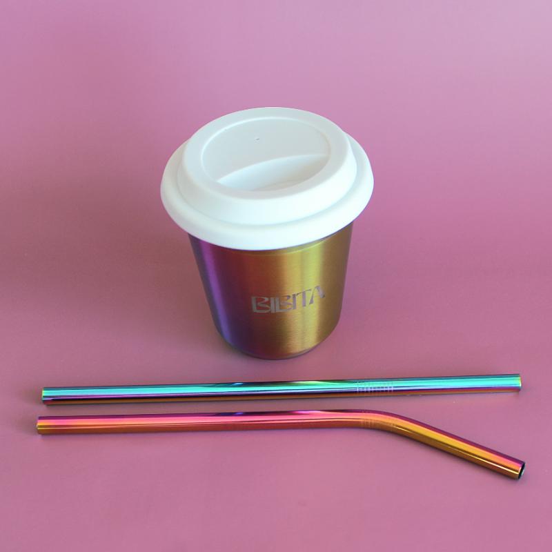 BIBITA | Large Double Wall Stainless Steel Reusable Cup with Straw Lid (White) & Rainbow Straws | Rainbow