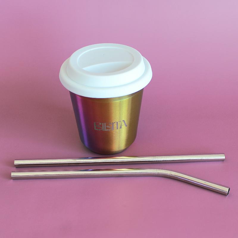 BIBITA | Large Double Wall Stainless Steel Reusable Cup with Straw Lid (White) & Silver Straws | Rainbow