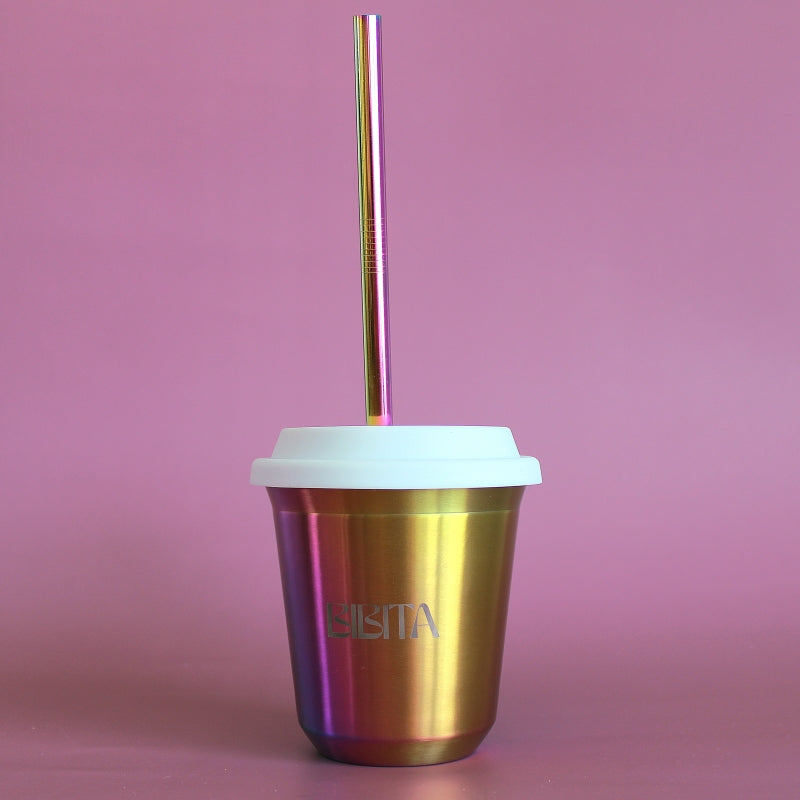 BIBITA | Large Double Wall Stainless Steel Reusable Cup with Straw Lid (White) & Straws | Rainbow