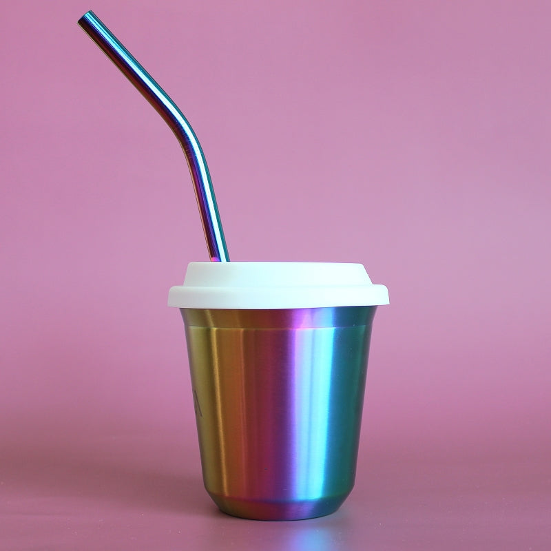 BIBITA | Large Double Wall Stainless Steel Reusable Cup with Straw Lid (White) & Straws | Rainbow