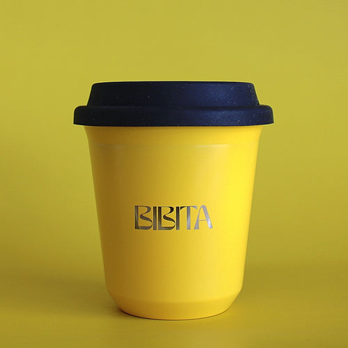 BIBITA | Large Double Wall Stainless Steel Reusable Cup | Sunshine Yellow | Standard Lid (Black)